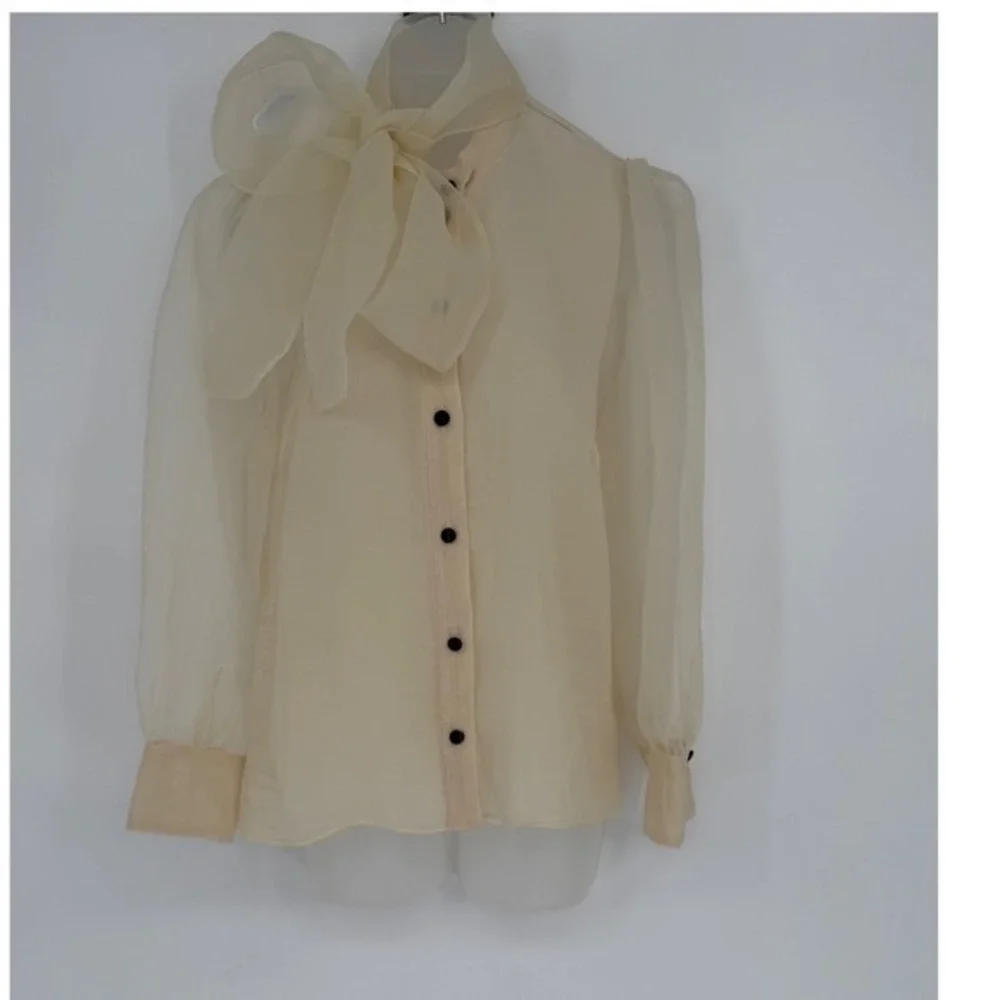 Zara Organza Bow Blouse Cream Sheer Button Front Top L Soft Femininity 102-08